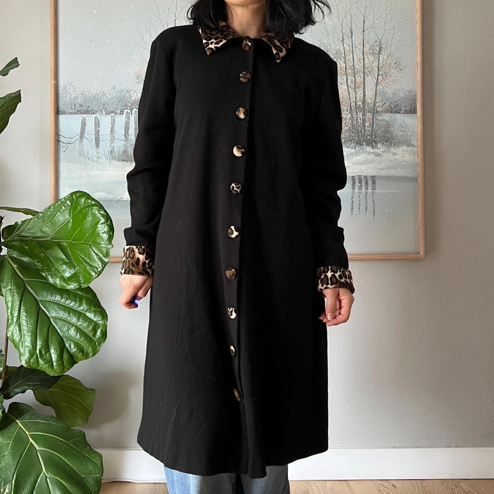 Vintage Sag Harbor Coat Dress Black Leopard Trim‎ Button Front Minimalist 90s